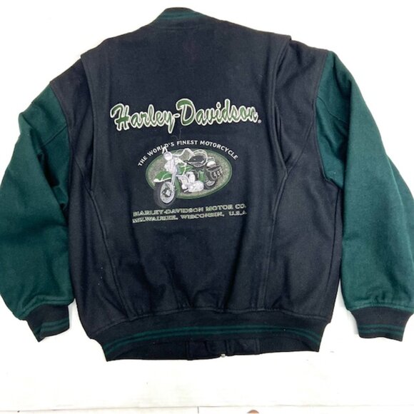 USA Harley Davidson Wool Quilt  Bomber Jacket Mens M green  Balck Full Zip (J94) - Picture 1 of 10